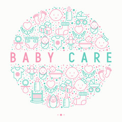 Baby care concept in circle with thin line icons: newborn, diaper, pacifier, crib, footprints, bathtub with bubbles. Vector illustration for banner, web page, print media.