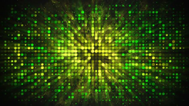 Green yellow disco wall with flashing lights and smoke. Computer generated seamless loop absrtact background 4k (4096x2304)

