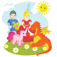 Obraz na płótnie Canvas Images of a knight, a princess, a unicorn, a dragon.