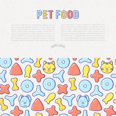 Pet food concept with thin line icons of dry food in different shapes and cute dog and cat. Modern vector illustration.