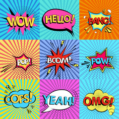 Set of comic speech bubbles with text Wow, Omg, boom, Hello, Yeah, bang, oops, pop, pow on background. Pop art style vector.