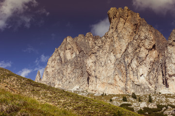 Fototapeta premium Beautiful vertical dolomitic pinnacles and crest of Mount Settsass, Valparola Pass, Dolomites, Italy