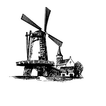 Vector graphic illustration of a mill with houses