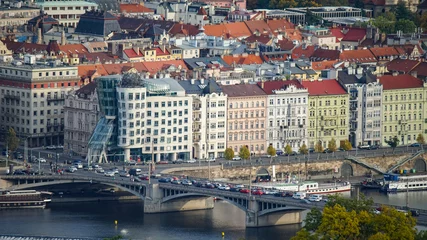 Deurstickers Aerial view of the Old Town architecture with red roofs in Prague , Czech Republic. Vltava river. old town panorama , Czech republic. © merlin74