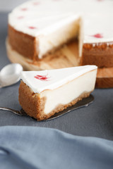 New York cheesecake on dark background