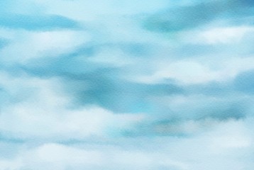 Abstract white clouds and blue sky on watercolor paper style texture. Digital painting.