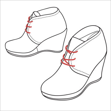 Wedge boots women shoes. Vector doodle illustration. Cartoon style isolated on white background.