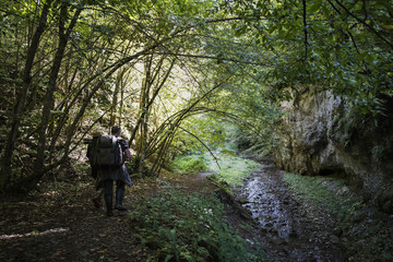 Hiker with backpack on a trail in the mountain forest
