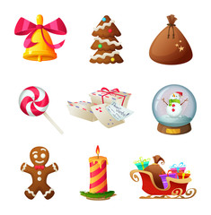 Christmas objects collection isolated on white. Cartoon Christmas icons set.