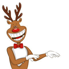 Fototapeta premium Illustration with cartoon Christmas deer. It's greet you and congratulate you on Christmas. Vector for you design. Isolated. 