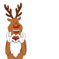 Illustration with cartoon Christmas deer.  It's greet you and congratulate you on Christmas. Vector for you design. Isolated. 