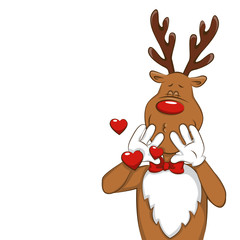 Illustration with cartoon Christmas deer.  It's greet you and congratulate you on Christmas. Vector for you design. Isolated. 