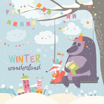 Funny bear and fox swinging in winter park