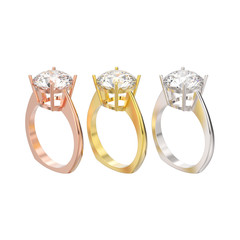 3D illustration isolated rose, yellow and white gold or silver engagement euro style rings with diamond