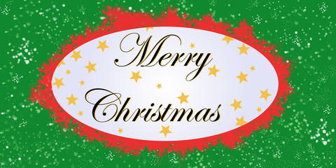 Merry Christmas card with white label in the middle and gold stars