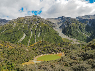 Aerial view of Blue Lake at the Tasman Glacier Walks in Mt Cook National Park. (New Zealand)