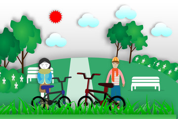 Teenage boys and girls are walking in the park for recreation.- vector illustration