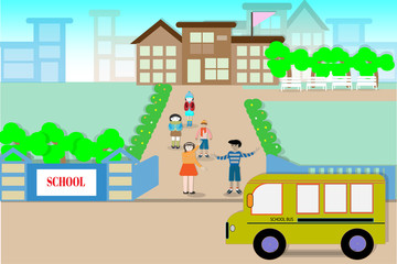 School buildings and students on the opening day - Vector illustration.