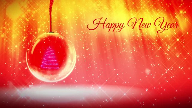 composition for New Year with 3d Christmas tree from glowing particles and sparkles in snowglobe or snowball. With rays such as aurora borealis and snowfall on red-orange background. V12