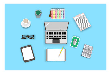 top view with laptop and accessories for work in office - vector illustration business concept