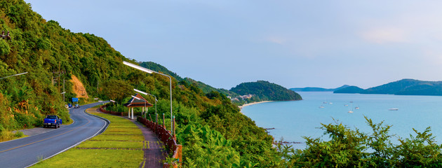 Beautiful Rural Road beside the beach around Phuket islands, view from Khao-Khad viewpoint. From this viewpoint, tourists can enjoy the 180-degree view of Chalong bay, Phuket, Thailand