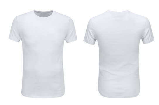 Front and back views of white t-shirt on white background