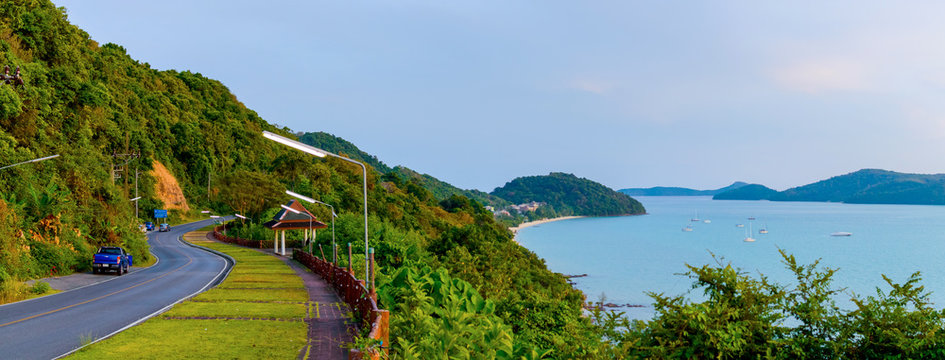 Beautiful Rural Road beside the beach around Phuket islands, view from Khao-Khad viewpoint. From this viewpoint, tourists can enjoy the 180-degree view of Chalong bay, Phuket, Thailand