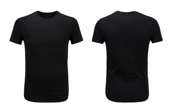 Front and back views of black t-shirt on white background