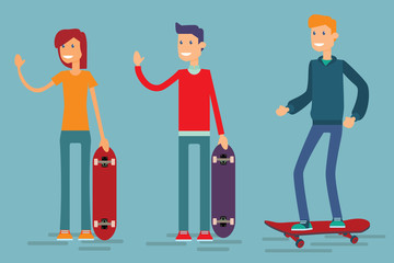 Young people with skateboards, flat design