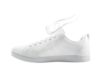 One White sneaker and floating rope  isolated on white background with clipping path