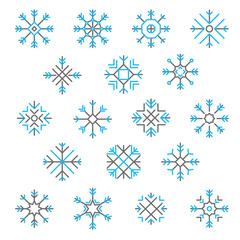 Flat design line snowflakes vector Christmas, Winter and new year decoration element icons set.