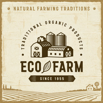 Vintage Eco Farm Label. Editable EPS10 vector illustration in retro woodcut style with clipping mask and transparency.