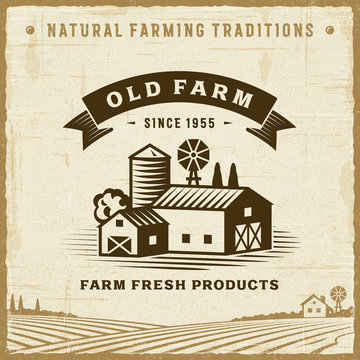 Vintage Old Farm Label. Editable EPS10 vector illustration in retro woodcut style with clipping mask and transparency.