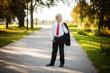 Little boy wearing business suit and red tie on nature background