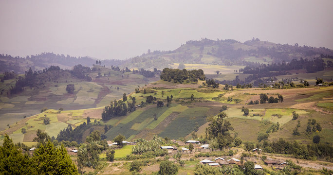 Mountains, farms, and houses in the highlands of Ethiopia