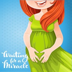 Beautiful red-haired pregnant woman folded hands on her belly in the shape of a heart on a placard in blue with an inscription waiting for a miracle