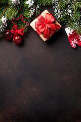 Christmas background with snow fir tree and decor