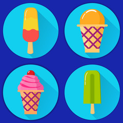 Ice cream set.Wafer cup frozen with a rosette cream and cherry.Freeze dessert.Delicacy for children.vector in flat style.Summer dessert. Eskimo on a wooden stick.