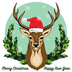 Obraz premium Merry Christmas and New Year greeting card with deer.
