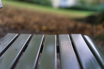 green wood park bench in autumn fall season
