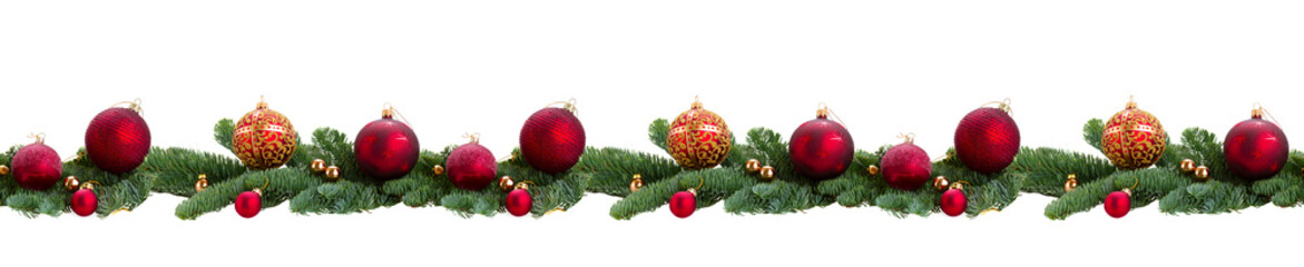 Obraz na płótnie Canvas evergreen fir tree and red christmas ball over white background seamless border