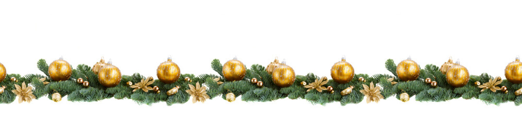 evergreen fir tree and golden christmas ball over white background seamless border