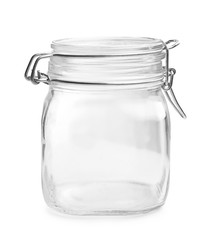 Empty glass jar on white background