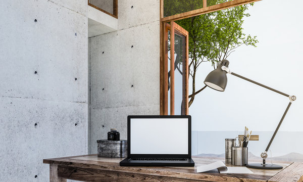 The interior design of bussiness concept and notebook computer working area and sea view background