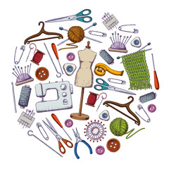Set of tools for needlework and sewing. Handmade equipment and needlework accessoriesy, colorful sketch illustration. Vector