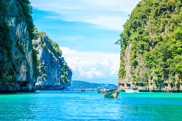 Boat in MAYA Bay Phi Phi Islands Andaman sea  Krabi Thailand.