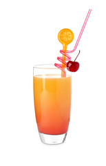 Glass with tasty exotic cocktail on white background