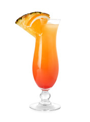 Glass with tasty exotic cocktail on white background