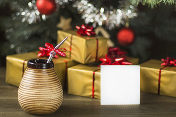 yerba mate with christmas tree. yerba mate christmas concept with copy space