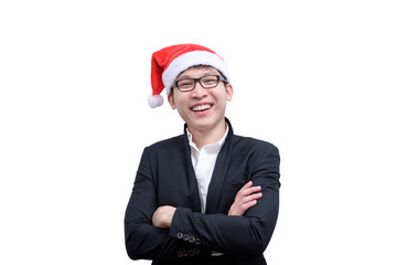Business man has happy and smiling with Christmas festival themes isolated on white background.